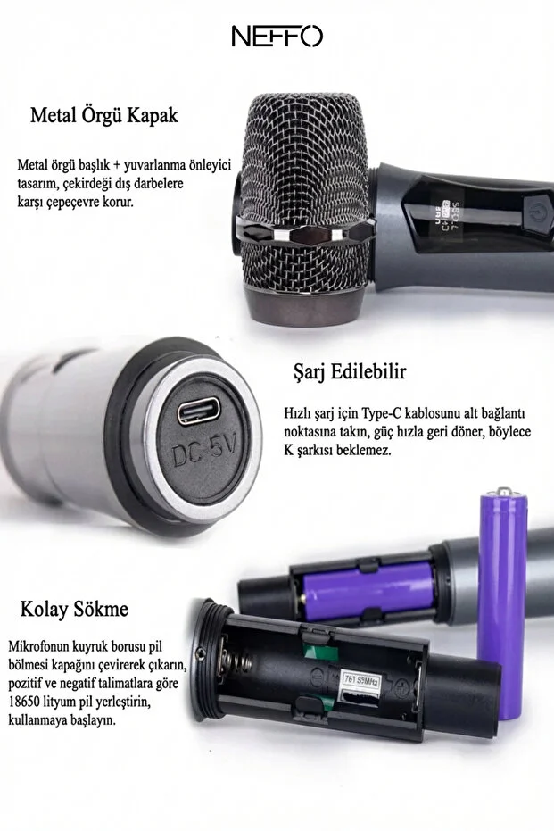 Çiftli Kablosuz Mikrofon Seti Şarj Edilebilir Karaoke Mikrofonu, 50 Metre Mesafe