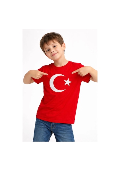 Erkek Çocuk Tişört Bisiklet Yaka Ay Yıldız Bayrak Baskılı T-shirt - Kırmızı Çok Renkli