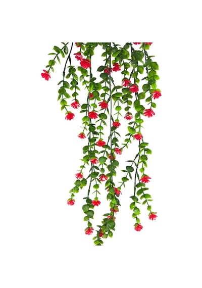 Yapay Çiçek Kırmızı Sarkan Lotus Çiçekli Okaliptus Şimşir Yapay Sarmaşık 5dal 60cm