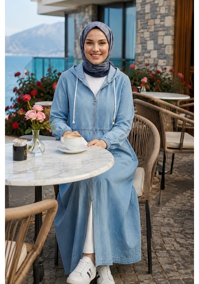 Hb Harma Time Butik Kadın Kapüşonlu Fermuarlı Cepli Açık Mavi Kot Kap