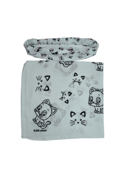 Kedi Desenli Kare Ve Lastikli Paraşüt Bandana Seti 2 Li Beyaz