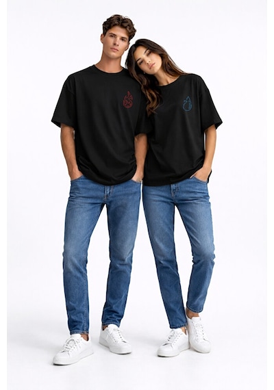 Sevgili Kombini Ateş Su Minimal Çift Tişört Oversize Unisex Partn Siyah