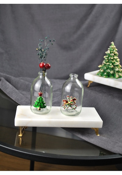 2'li Mini Yılbaşı Aksesuarlı Küçük Vazo 9 Cm New Year 100 Ml Yeni Yıl Çam Ağacı Şeker Kamışlı Obje Şeffaf
