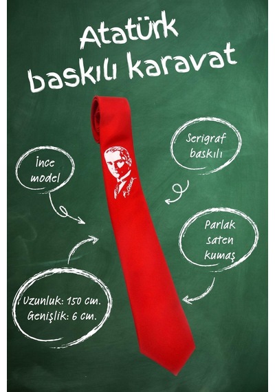 Atatürk Portre Ve İmza Baskılı Slim Fit Saten Kırmızı Kravat - Ak-08 Kırmızı