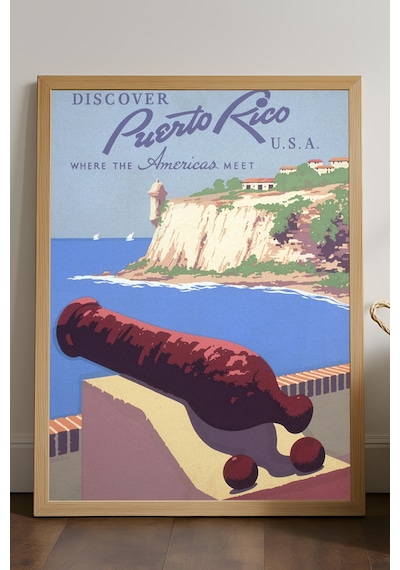 Puerto Rico Doğal Ahşap Çerçeveli Poster, Dekoratif Seyahat Duvar Tablosu