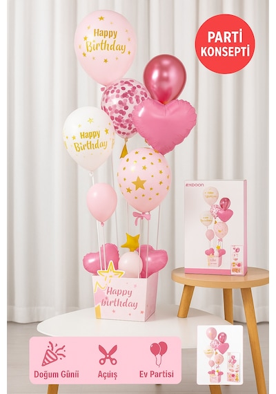 Pembe Doğum Günü Balon Kutusu Happy Birthday Konsept Parti Süsleri Masa Üstü Stand
