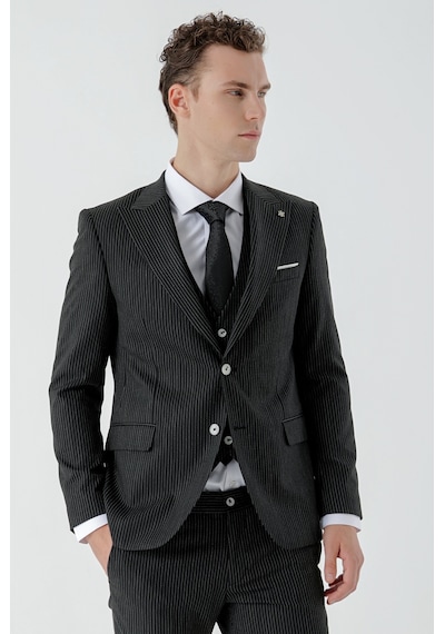 Morven Erkek Siyah Poliviskon Trend Yelekli Çizgili Desen Slim Fit Sivri Yaka Takım Elbise Siyah Morven Erkek Siyah Poliviskon Trend Yelekli Çizgili Desen Slim Fit Sivri Yaka Takım Elbise Siyah