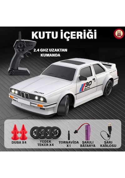 Oyuncak Bmw E30 Drift Araba 4x4 Uzaktan Kumandalı Araba 2.4ghz Şarjlı Led Işıklı 15 Km Hız Araba Beyaz