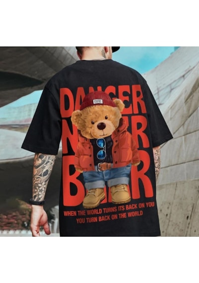 Flood Of Style Erkek Siyah Danger Bear Baskılı Oversize Bisiklet Yaka T-shirt