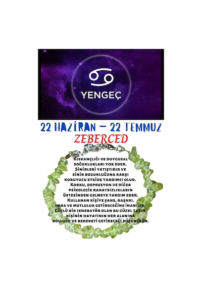 Gümüştel El Sanatları Sertifikalı Burç Taşı Yengeç Burcu Zeberced Taşı Bileklik Çok Renkli