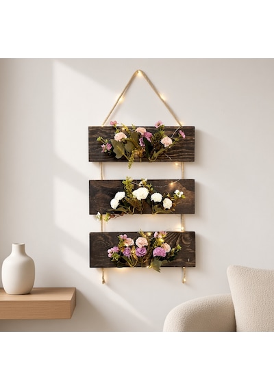 Pembe Ve Beyaz Karanfil Çiçekli, Led Işıklı Duvar Dekoru Ceviz