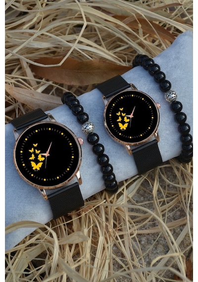 Siyah Rose Gold Hasır Çift Sarı Kelebek Saat Ve Bileklik Hediyeli Çift Sevgili Saatleri