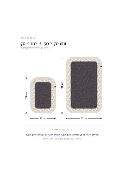 Banyo Paspası Takımı 70x110+50x70 Cm İç Trikot Antrasit Gri & Krem Antrasit Gri - Krem
