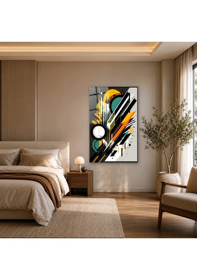 Turkuaz Sarı Geometrik Sıçramalar Çerçevesiz Cam Tablo