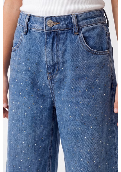 Joy Kids Kız Çocuk Boydan Taşlı Bilek Üstü Kot Pantolon 9-16yaş Mavi Açık Mavi