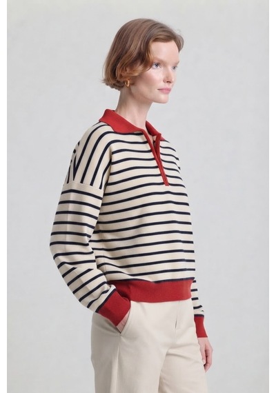 Soft&basic Çizgili Polo Yaka Triko Kadın Kazak Fermuarlı Kırmızı