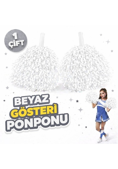 1 - 650 - Çift 2 Adet Beyaz Renk 23 Nisan 19 Mayıs 29 Ekim Okul Gösteri Ponponları - Csmo-tex - Ekstra Dolgun