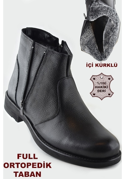 3405 İçi Kürklü Hakiki Deri Erkek Bot Ayakkabı Ortopedik Taban Fermuarlı Deri Bot Siyah
