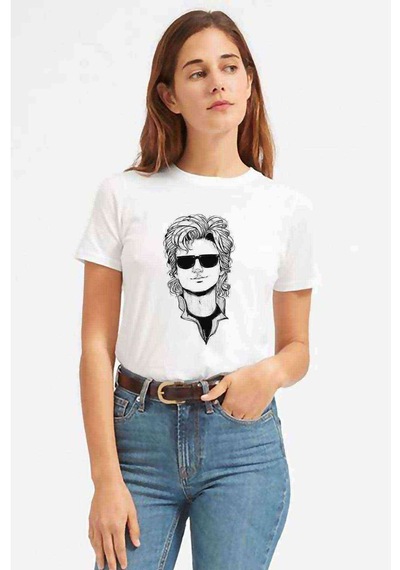 Stranger Things Steve Baskılı Beyaz Kadın Tshirt (534308345)