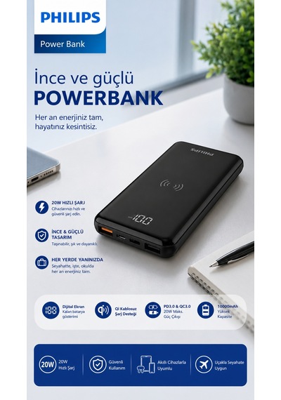 Philips DLP9520C/00 10000mAh Kablosuz Powerbank15W Qi Kablosuz Şarj, 20W PD USB-C, QC 3.0, LCD Ekran Siyah