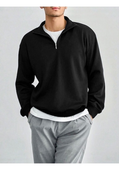 Harmandar Siyah Erkek Baskısız Dik Yaka Yarım Fermuarlı Düz Kazak Sweatshirt Siyah