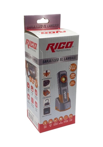 Rıco El Feneri Ledli 600 Lümen 5 Fonksiyonlu Kırmızı Çakarlı Mıknatıslı Askılı Şarjlı Standlı
