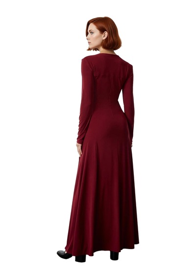 Ersefa Kadın V Yaka Bodycon Kesim Uzun Kollu Maxi Boy Yırtmaç Detaylı Dü Bordo