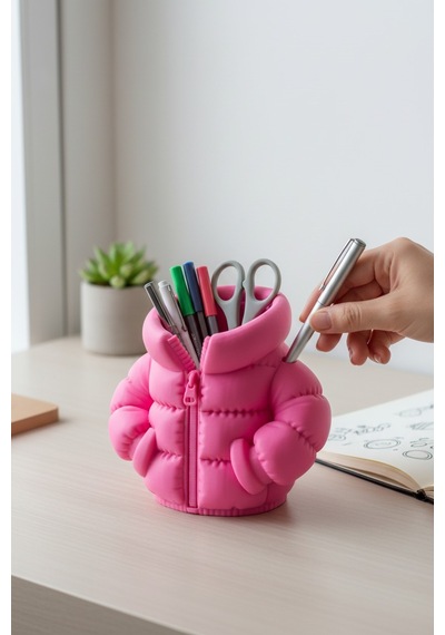 Şişme Mont Figürlü Kalemlik Pembe