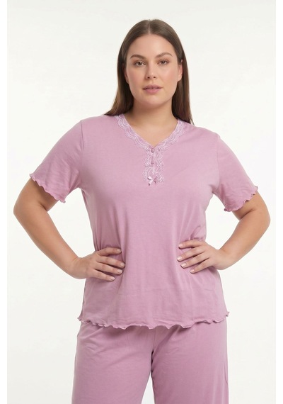 Kompedan Kadın Bambu Önü Düğmeli Yaka Dantelli Büyük Beden Kapri Pijama Takımı Pudra 1000-80