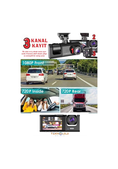 1080p Dash Cam Full Hd Araç İçi Kamera Ön Arka Ve İç Kayıt 3 Kamera Gece Görüşlü G Sensör Geniş Açı