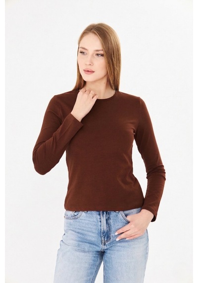 Sortie Collection Bisiklet Yaka Pamuklu Uzun Kollu Basic Penye Tişört Bluz Kahverengi