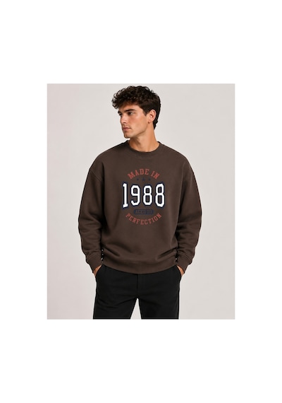 Herkesemoda 1988 Baskı Detaylı Bisiklet Yaka Şardonlu 2 İplik Sweatshirt Kahverengi