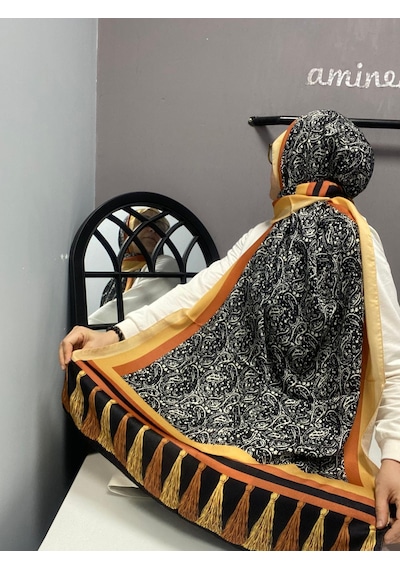 Aminenesil Cardion Premium Etnik Desen Şal Sarı Siyah Renk Siyah Sarı