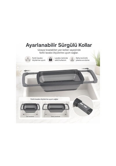 Kabakoz Ayarlanabilir Katlanır Lavabo Süzgeci, 6,3 Litre, Plastik Ve Silikon, Aç Kapa Mutfak İçin Tezgah Üstü Pra Diğer