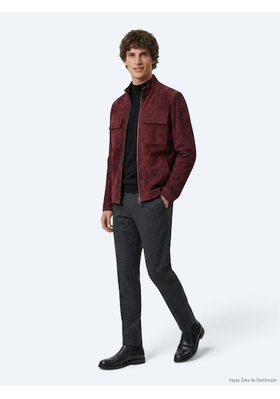 Kip Bordo Regular Fit Dik Yaka Casual Süet Deri Mont