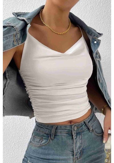 Merrry See Merry See Kadın Kolsuz Askılı Degaje Yaka Bluz Crop Beyaz 001
