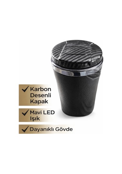Üniversal Porselen Yanmaz Koku Geçirmez Mavi Işıklı Lüx Oto Küllük Dumansız Kapaklı Spor Araç İçi Küllük Araba Küllüğü Karbon Kapak