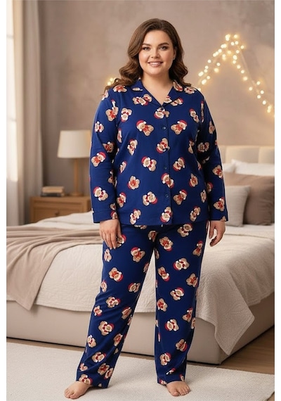 Siyah İnci Curve Büyük Beden Battal Boy Düğmeli Pamuklu Pijama Takımı 7617 Lacivert Kırmızı Ayıcıklı Siyah İnci Curve Büyük Beden Battal Boy Düğmeli Pamuklu Pijama Takımı 7617 Lacivert Kırmızı Ayıcıklı