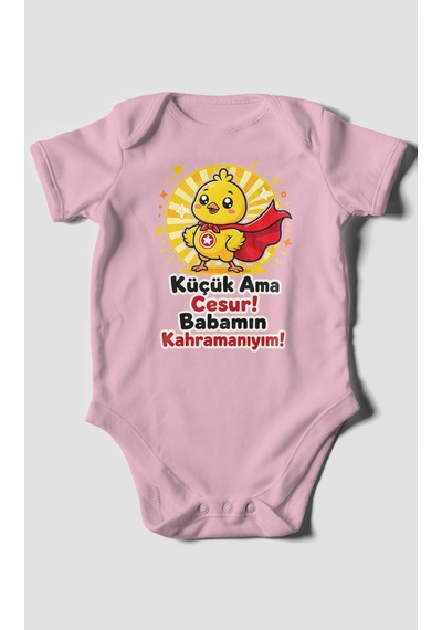 Morivokids Küçük Ama Cesur Babamın Kahramanıyım Kısa Kollu Bebek Body %100 Pamuk Koyu Pembe