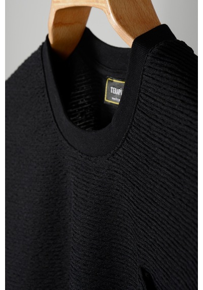 Siyah Bürümcük Kumaş Oversize Kalıp Bisiklet Yaka Cepli T-shirt Siyah