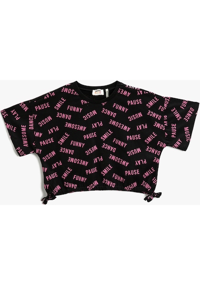 Koton Crop Oversize Tişört Kısa Kollu Baskılı Yanları Fiyonk Detaylı Bisiklet Yaka Siyah Desenli 3skg10029ak 3SKG10029AK9D9 Siyah