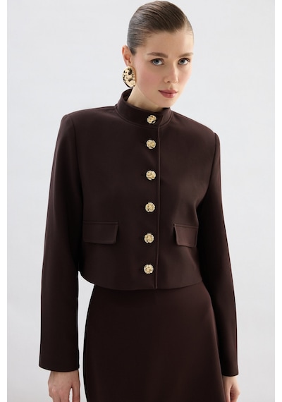 Sateen Düğmeli Kısa Ceket - Kahve-136773 Kahve