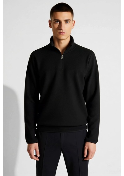 Benerly Erkek Dik Yaka Fermuarlı Standart Kol Polar Sweatshirt Fonksiyone siyah