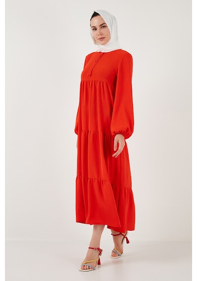 Lela Modest Regular Fit Dik Yaka Uzun Bayan Elbise 611El545 Oranj
