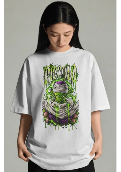 Unisex Oversize Piccolo Dragon Ball Anime Karakter Ön Baskılı Pre Beyaz