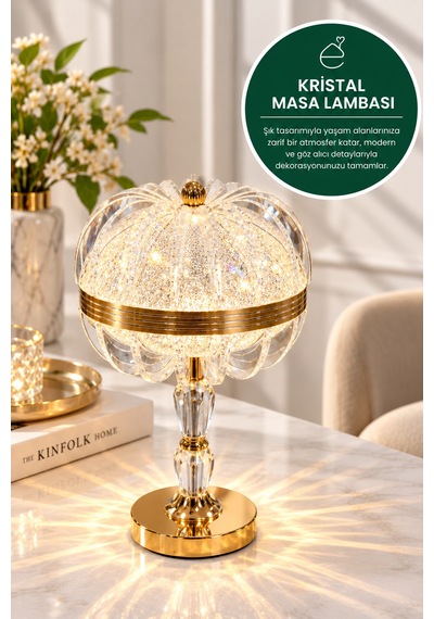 Evonıta Kristal Led Masa Lambası Gold Dekoratif Işıltılı Abajur Modern Salon Ve Komodin Lambası