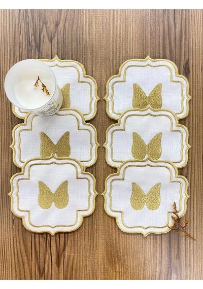 Gold Angel Linen Keten 6'lı Kokteyl Peçetesi Nakış İşlemeli Kahve Yanı Sunumluk Altın