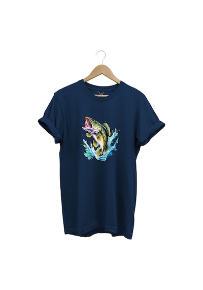 Fishing Balıkçılık Levrek Balığı Deniz Baskılı %100 Pamuk Regular Fit Bisiklet Yaka Lacivert T-shirt Lacivert