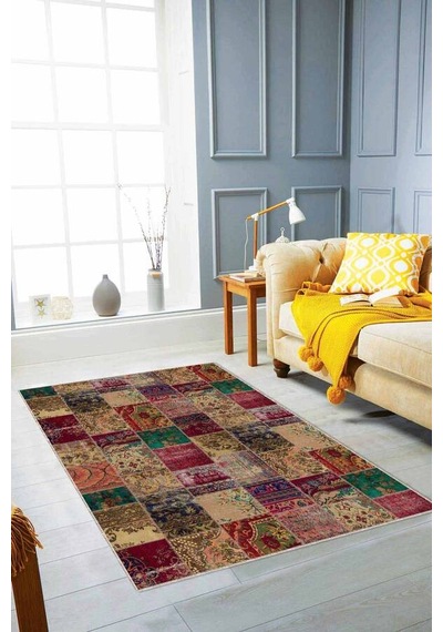 Çok Renkli Patchwork Kaymaz Tabanlı Dekoratif Halı Rv223n11