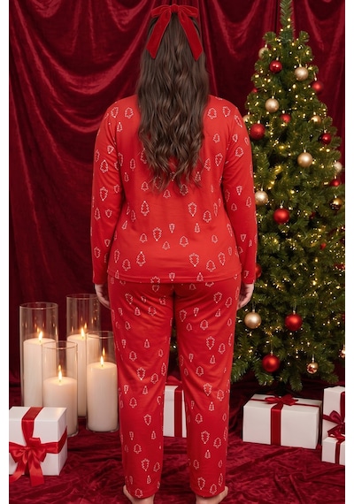 Siyah İnci Yılbaşı Temalı Desenli Termal Kumaşlı Ultra Soft Yumuşak Büyük Beden Battal Boy Örme Pijama Takımı 26226716 Kırmızı